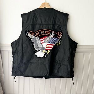 Men’s Black Leather Vest with Eagle Embroidery Size 2X